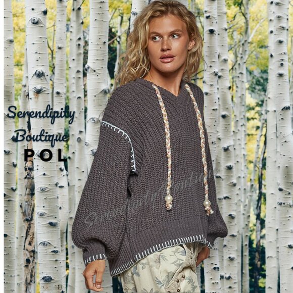 POL Boho Grunge Oversized Slouch Chunky Cable Knit Balloon Sleeve Hoodie Sweater - Picture 7 of 12